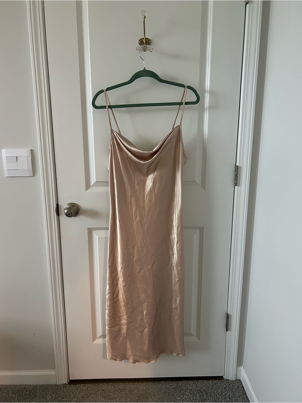 bebe Champagne Satin Cowl Neck Slip Dress